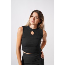 Ckm Moda Chester Yüksek Kalite Kadın Yaka Detaylı Fitilli Crop Örme Bluz  Siyah