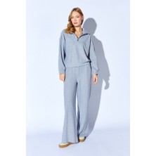 CGA Kadın Eşofman Takım Spor Takım Gri Melanj Yarım Fermuarlı Sweatshirt-Beli Lastikli Kordon Detaylı Pantolon Takım