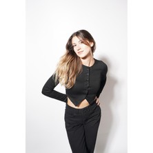 Ckm Moda Echo Düğmeli Modal Bluz  Siyah