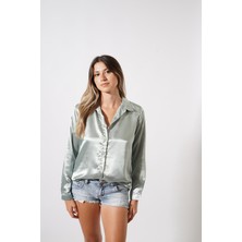 Ckm Moda Tesra Yüksek Kalite Kadın Saten Gömlek Çağla Yeşil
