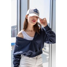 Ckm Moda Bj Raze Yüksek Kalite Kadın Kapüşonlu V Yaka Crop Kalın Içi Polarlı Örme Sweatshirt Lacivert