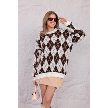 Ckm Moda Argyle Baklava Desenli Yünlü Triko Kazak Krem Kahve