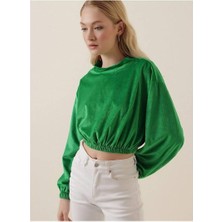 Ckm Moda Amy Kadife Crop Bluz Yeşil