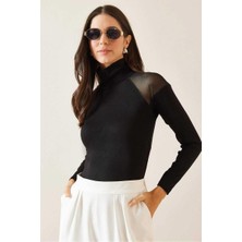 Ckm Moda Daisy Yüksek Kalite Kadın Tül Detaylı Balıkçı Bluz Siyah