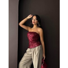 Ckm Moda Rubina Payetli Straplez Bluz Bordo