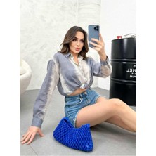 Ckm Moda Evans Yüksek Kalite Kadın Keten Oversize Gömlek Mavi Beyaz