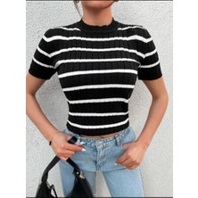 Ckm Moda Costa Yüksek Kalite Çizgili Kadın Bluz  Siyah