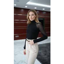 Ckm Moda Neriva Tül Detaylı Yarım Balıkçı Slim Fit Bluz Siyah