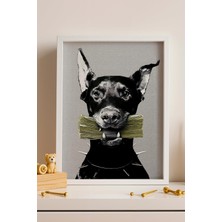 Satürn Design Dolar Tutan Doberman Köpek Çerçeveli Tablo Finans Para Temalı Ofis Dekoru Modifiye Sanat
