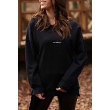Ckm Moda Kendrick Yüksek Kalite Kadın Siyah Brooklyn Baskılı Sweatshirt Siyah