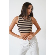 Ckm Moda Adrian Yüksek Kalite Kadın Yuvarlak Yaka Çizgili Crop Bluz  Kahve