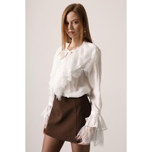 Ckm Moda Elise Romantik Dantel Detaylı Bluz Beyaz