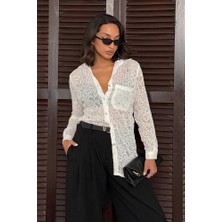 Ckm Moda Elvira Transparan Dantel Dokulu Gömlek Krem