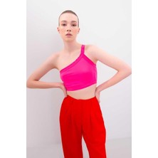 Ckm Moda Roy Yüksek Kalite Kadın Tek Omuzlu Arkadan Askılı Crop Top Pembe