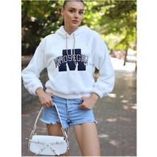 Ckm Moda Yüksek Kalite Kadın Kapüşonlu Baskılı  Sweatshirt Beyaz