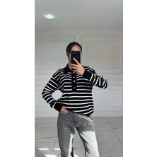 Ckm Moda Dina Yüksek Kalite Kadın Polo Yaka Çizgili Kazak  Siyah