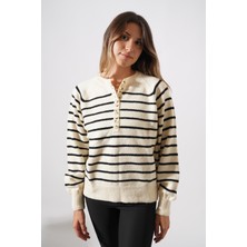 Ckm Moda Cliff Yüksek Kalite Kadın Düğmeli Çizgili Kazak Siyah - Beyaz