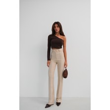 Ckm Moda Sage Yüksek Kalite Kadın Asimetrik Tek Omuz Crop Top  Kahve