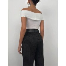 Ckm Moda Sparrow Yüksek Kalite Kadın Çapraz Kayık Yaka Bodysuit Ekru