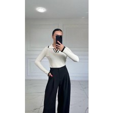 Ckm Moda Hans Yüksek Kalite Kadın Polo Yaka Kazak  Beyaz