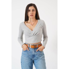 Ckm Moda Zeta Kadın Uzun Kollu Kruvaze Yaka Şardonlu Kaşkorse Bluz  Gri