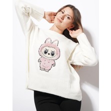 Ckm Moda Bunny Labubu Detaylı Triko Kazak Beyaz