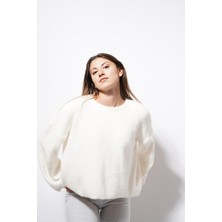 Ckm Moda Leavy Triko Sakallı Kazak Beyaz