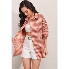 Ckm Moda Belse Yüksek Kalite Ekoseli Kadın Gömlek  Kiremit