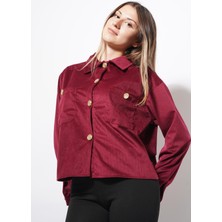 Ckm Moda Trey Altın Düğmeli Kadife Gömlek Bordo