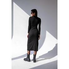 Ckm Moda Emma Yüksek Kalite Kadın Yarım Balıkçı Yaka Yırtmaçlı Uzun Kollu Elbise Siyah