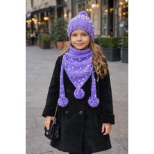 El Örgüsü Pamuk Mor Ip Inci Detaylı Kız Çocuk Bere ve Atkı (Boyunluk) Set