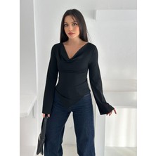 Ckm Moda Drapeli Uzun Kollu Bluz Siyah
