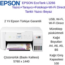 Epson Ecotank L3266 Yazıcı+Tarayıcı+Fotokopi+Wi-Fi Direct Tanklı Yazıcı Beyaz + 2 Adet A4 Hediye