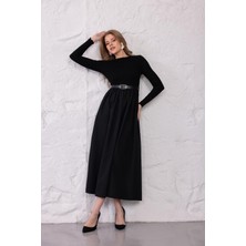 Ckm Moda Bella Kemerli Volan Midi Elbise Siyah