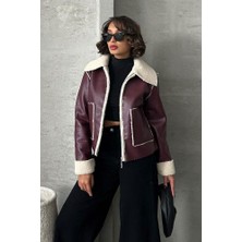 Ckm Moda Kürklü Suni Deri Kısa Mont Bordo Krem