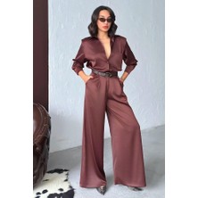 Ckm Moda Lune Yüksek Bel Bol Paça Saten Pantolon Kahve