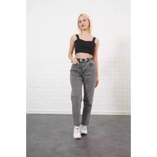 Ckm Moda Jagged Yüksek Kalita Kadın Deri Kemerli Pantolon Gri