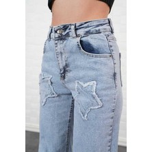 Ckm Moda Eliza Yüksek Kalite Yıldız Nakışlı Palazzo Pantolon Kot Mavi Cilt