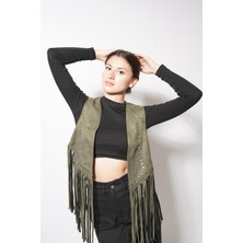 Ckm Moda Kamli Uzun Püsküllü Yelek Haki