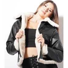 Ckm Moda Makaly Cepleri Pelus Deri Ceket Siyah