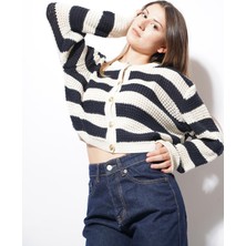 Ckm Moda Clay Çizgili Düğmeli Yuvarlak Yaka Hırka Lacivert Krem