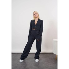 Ckm Moda Diana Yüksek Kalite Kadın Asimetrik Tek Düğmeli Ceket  Lacivert