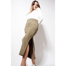 Ckm Moda Eman Süet Yırtmaçlı Etek Haki