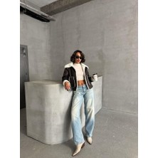 Ckm Moda Kürklü Suni Deri Kısa Mont Haki Krem