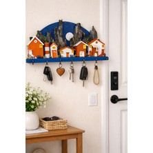 Anı Atölyesi 7 Kancalı El Yapımı Ahşap Ev Temalı Dekoratif Duvar Anahtar Askılığı 50X25 cm