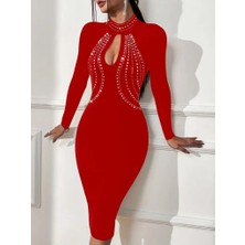 Nova Epoxy Art Kadın Uzun Kollu Balıkçı Yaka Taşlı Damla Detay Midi Ithal Krep Elbise