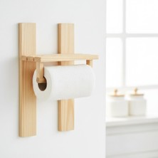 Doğal Ahşap Duvara Monte Raf - Baharatlık ve Kağıt Havluluk (35X25 Cm) - Güçlü Yapışkanlı