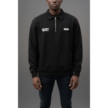 Erkek Polo Yaka Yazı Baskılı Rahat Kalıp Sweatshirt