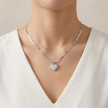 Zeino Zirkon Taşlı Kalp Uçlu Düz Zincir Çelik Kolye - Gümüş Rengi Kaplama, 40+5 cm