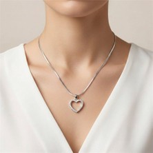 Zeino Zirkon Taşlı Kalp Uçlu Ezme Zincir 316L Çelik Kolye - Beyaz Altın Kaplama - 40+5 cm